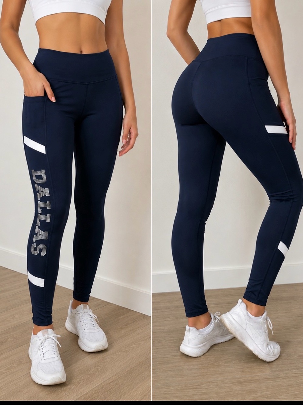 High-Waist Navy Leggings with Side Pocket and 'DALLAS' Detail